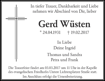 Traueranzeige von Gerd Wüsten von trauer.wuppertaler-rundschau.de