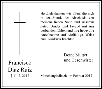 Traueranzeige von Francisco Diaz Ruiz von trauer.extra-tipp-moenchengladbach.de