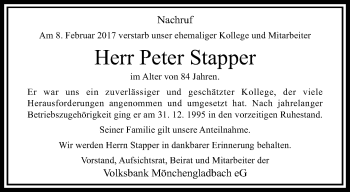 Traueranzeige von Peter Stapper von trauer.extra-tipp-moenchengladbach.de
