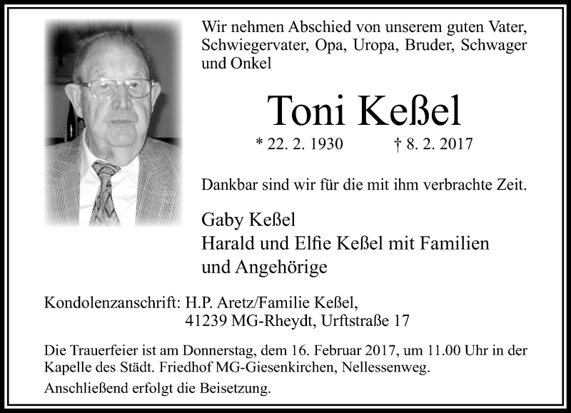  Traueranzeige für Toni Keßel vom 12.02.2017 aus trauer.extra-tipp-moenchengladbach.de
