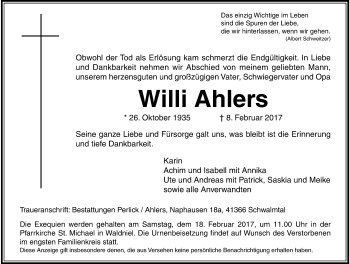 Traueranzeige von Willi Ahlers von trauer.extra-tipp-moenchengladbach.de