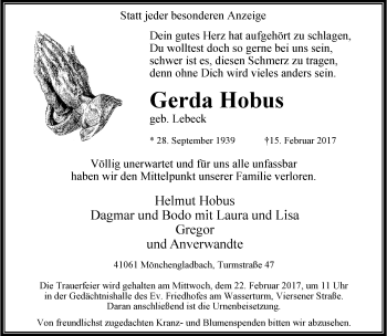 Traueranzeige von Gerda Hobus von trauer.extra-tipp-moenchengladbach.de