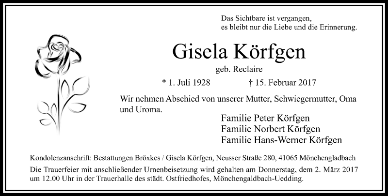  Traueranzeige für Gisela Körfgen vom 26.02.2017 aus trauer.extra-tipp-moenchengladbach.de
