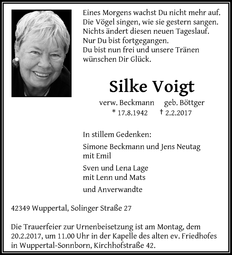  Traueranzeige für Silke Voigt vom 18.02.2017 aus trauer.wuppertaler-rundschau.de