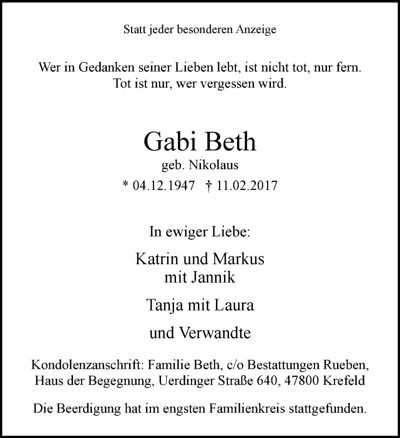  Traueranzeige für Gabi Beth vom 19.02.2017 aus trauer.mein.krefeld.de
