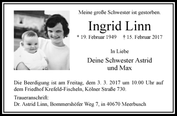Traueranzeige von Ingrid Linn von trauer.extra-tipp-moenchengladbach.de