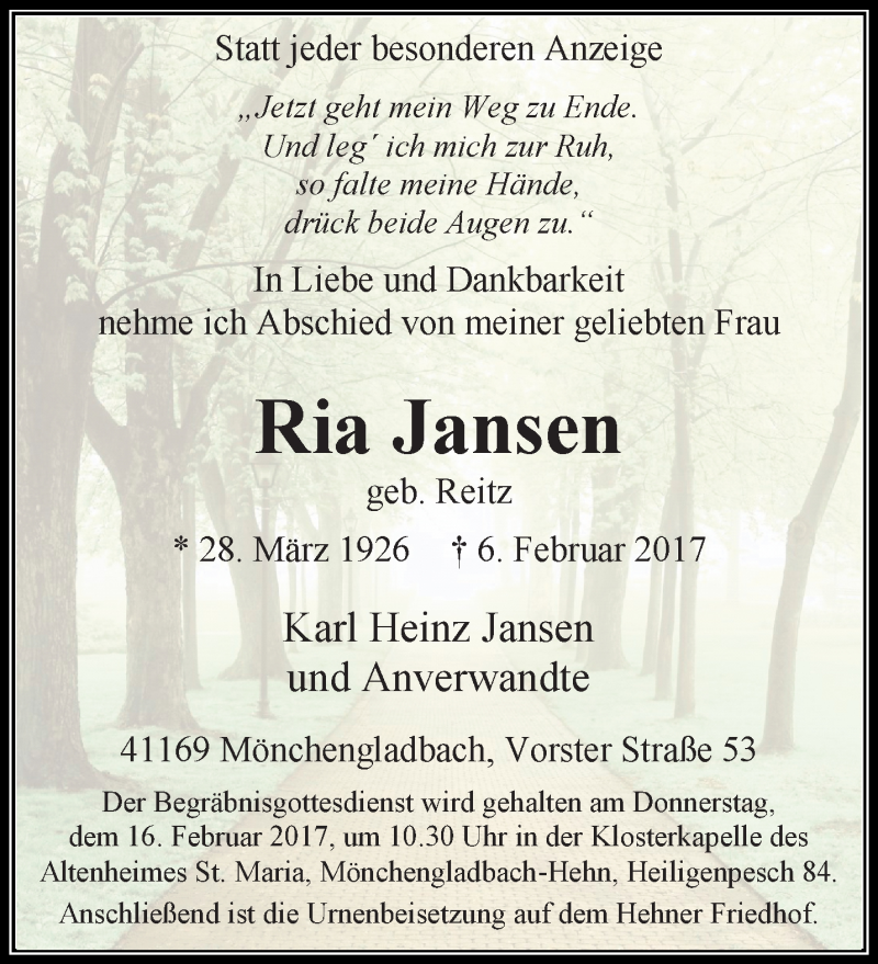 Traueranzeige für Ria Jansen vom 12.02.2017 aus trauer.extra-tipp-moenchengladbach.de