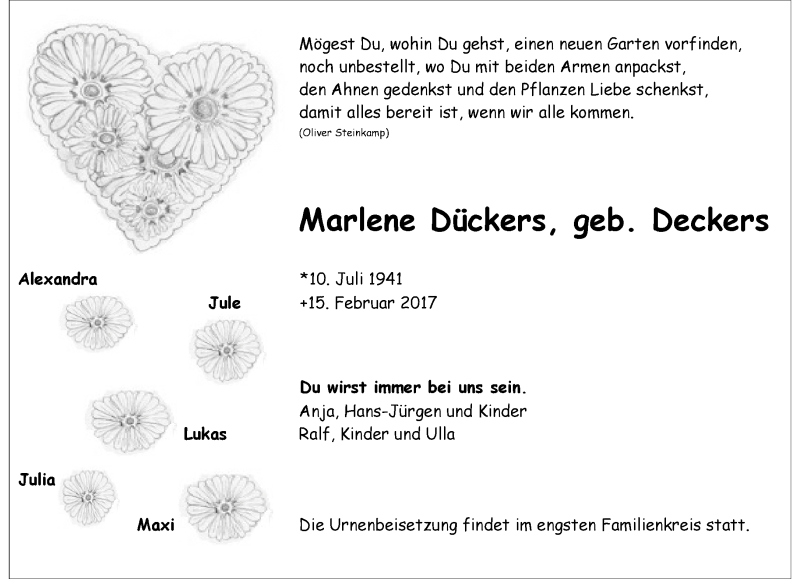  Traueranzeige für Marlene Dückers vom 26.02.2017 aus trauer.extra-tipp-moenchengladbach.de