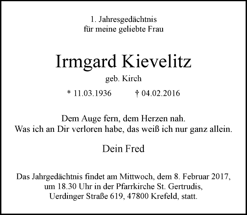  Traueranzeige für Irmgard Kievelitz vom 05.02.2017 aus trauer.mein.krefeld.de