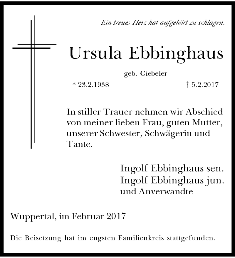  Traueranzeige für Ursula Ebbinghaus vom 15.02.2017 aus trauer.wuppertaler-rundschau.de