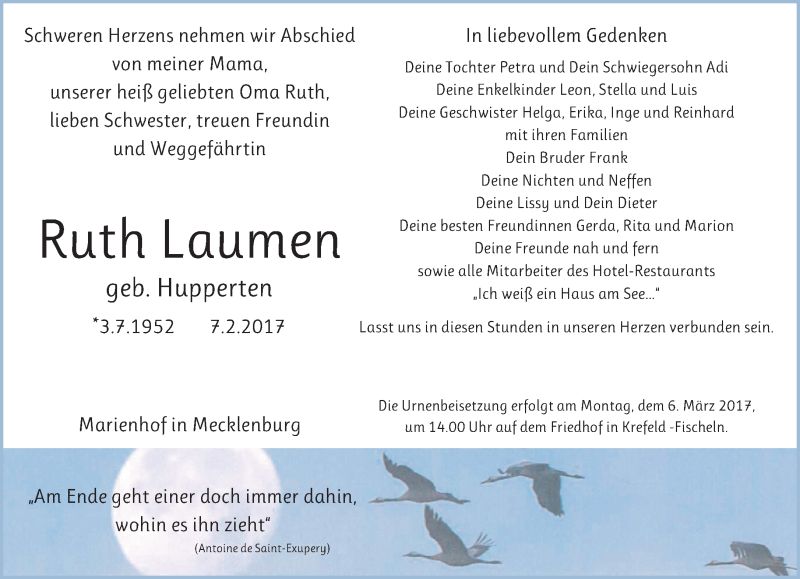  Traueranzeige für Ruth Laumen vom 26.02.2017 aus trauer.mein.krefeld.de