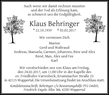 Traueranzeige von Klaus Behringer von trauer.wuppertaler-rundschau.de