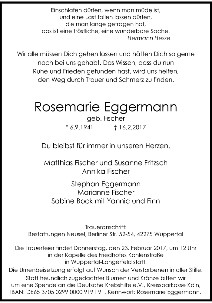  Traueranzeige für Rosemarie Eggermann vom 22.02.2017 aus trauer.wuppertaler-rundschau.de