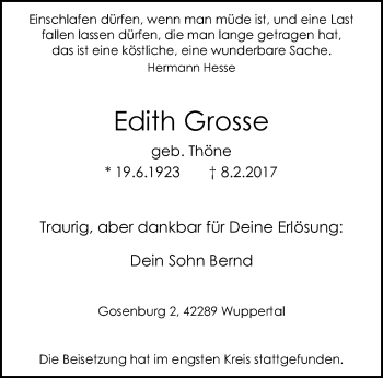 Traueranzeige von Edith Grosse von trauer.wuppertaler-rundschau.de