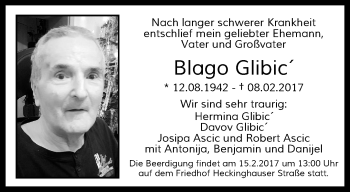 Traueranzeige von Blago Glibic von trauer.wuppertaler-rundschau.de