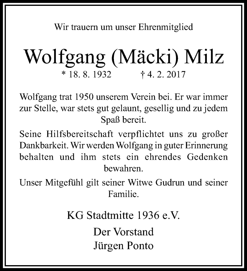  Traueranzeige für Wolfgang Mäcki Milz vom 19.02.2017 aus trauer.extra-tipp-moenchengladbach.de