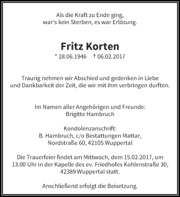 Traueranzeige von Fritz Korten von trauer.wuppertaler-rundschau.de