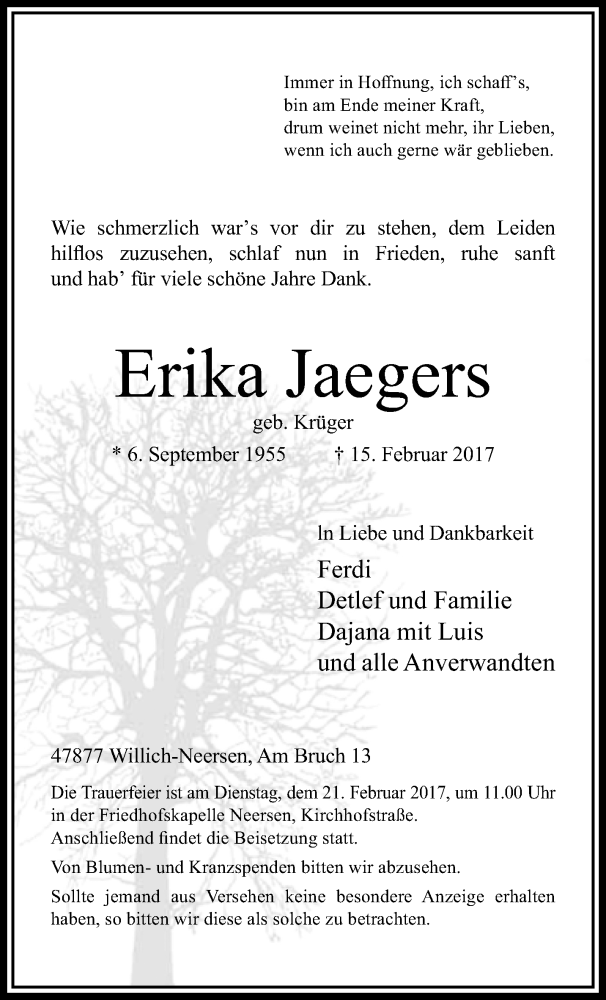  Traueranzeige für Erika Jaegers vom 19.02.2017 aus trauer.extra-tipp-moenchengladbach.de