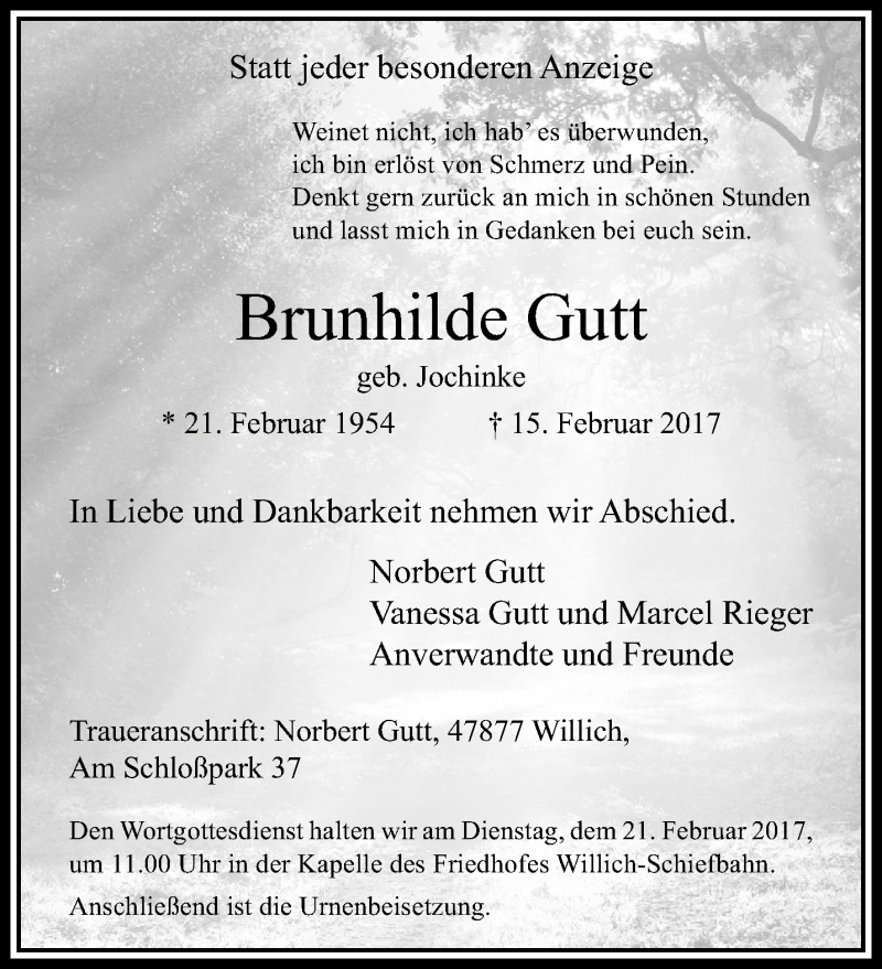  Traueranzeige für Brunhilde Gutt vom 19.02.2017 aus trauer.extra-tipp-moenchengladbach.de