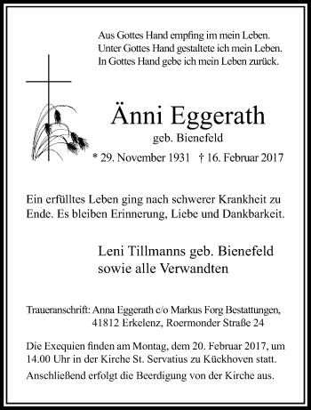 Traueranzeige von Änni Eggerath von trauer.extra-tipp-moenchengladbach.de