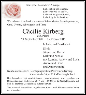 Traueranzeige von Cäcilie Kirberg von trauer.extra-tipp-moenchengladbach.de