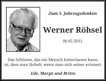 Traueranzeige von Werner Röhsel von trauer.wuppertaler-rundschau.de