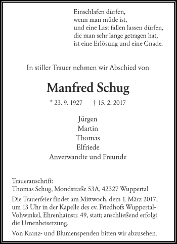 Traueranzeige von Manfred Schug von trauer.wuppertaler-rundschau.de