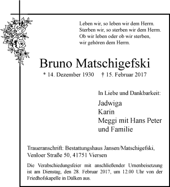 Traueranzeige von Bruno Matschigefski von trauer.extra-tipp-moenchengladbach.de