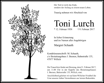 Traueranzeige von Toni Lurch von trauer.extra-tipp-moenchengladbach.de