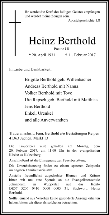 Traueranzeige von Heinz Berthold von trauer.stadt-kurier.de