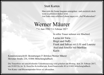 Traueranzeige von Werner Mäurer von trauer.extra-tipp-moenchengladbach.de