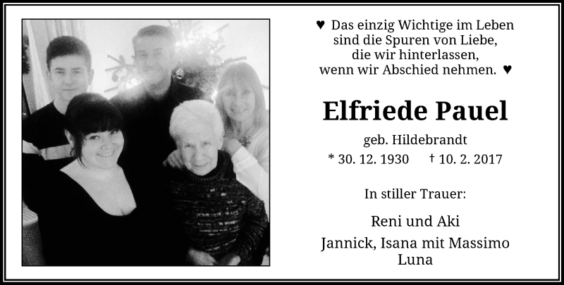  Traueranzeige für Elfriede Pauel vom 18.02.2017 aus trauer.wuppertaler-rundschau.de