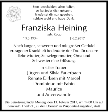 Traueranzeige von FRanziska Heining von trauer.wuppertaler-rundschau.de