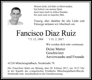 Traueranzeige von Fancisco Diaz Ruiz von trauer.extra-tipp-moenchengladbach.de