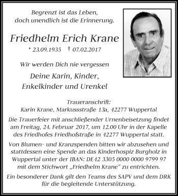 Traueranzeige von Friedhelm Erich Krane von trauer.wuppertaler-rundschau.de