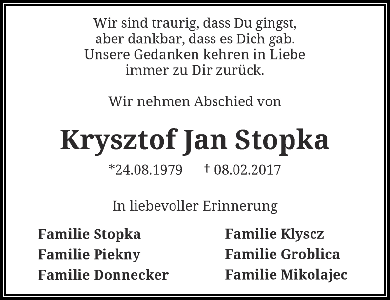  Traueranzeige für Krysztof Jan Stopka vom 18.02.2017 aus trauer.wuppertaler-rundschau.de