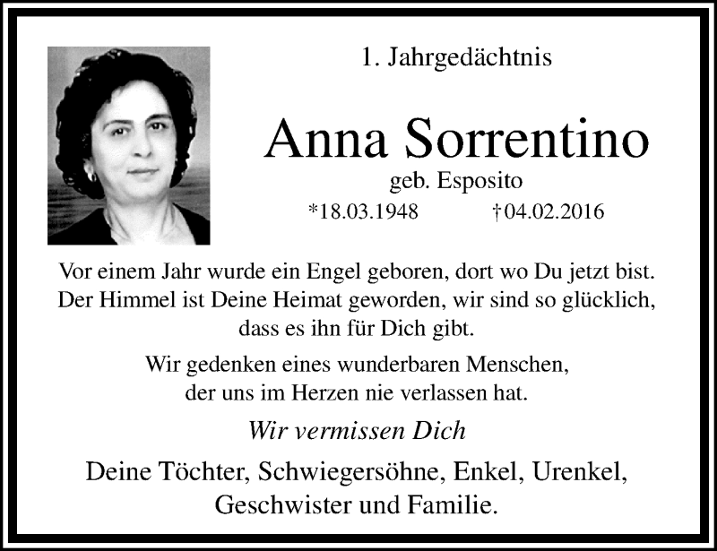  Traueranzeige für Anna Sorrentino vom 05.02.2017 aus trauer.mein.krefeld.de