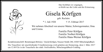 Traueranzeige von Gisela Körfgen von trauer.extra-tipp-moenchengladbach.de