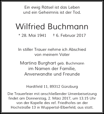 Traueranzeige von Wilfried Buchmann von trauer.wuppertaler-rundschau.de