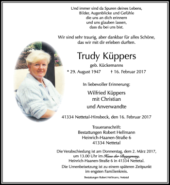 Traueranzeige von Trudy Küppers von trauer.extra-tipp-moenchengladbach.de