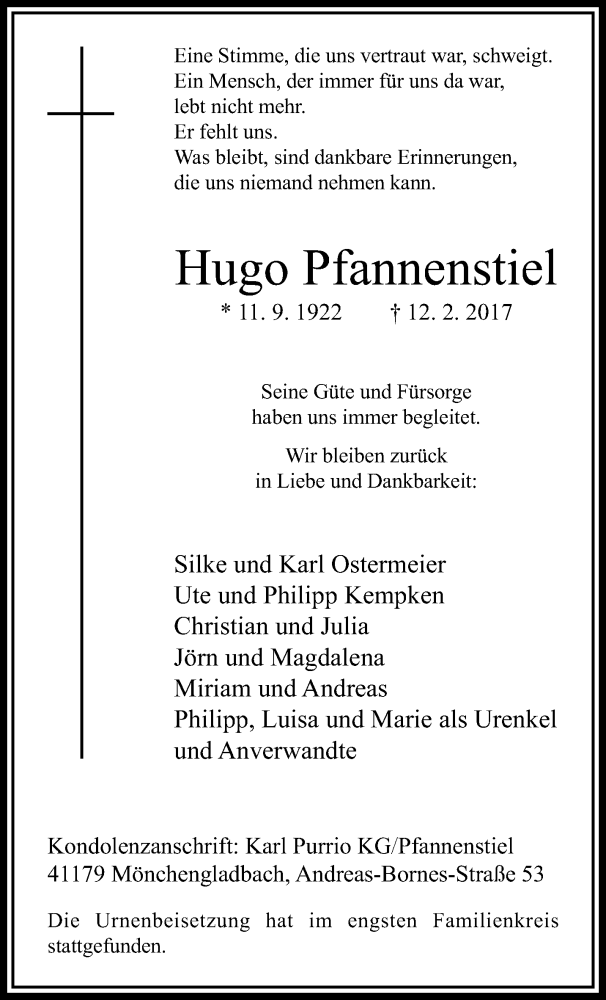  Traueranzeige für Hugo Pfannenstiel vom 05.03.2017 aus trauer.extra-tipp-moenchengladbach.de