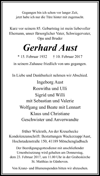 Traueranzeige von Gerhard Aust von trauer.extra-tipp-moenchengladbach.de