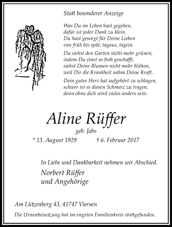 Traueranzeige von Aline Rüffer von trauer.extra-tipp-moenchengladbach.de