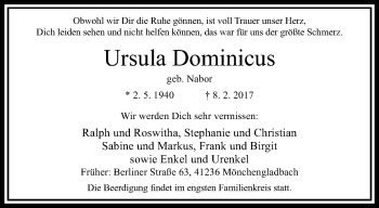 Traueranzeige von Ursula Dominicus von trauer.extra-tipp-moenchengladbach.de