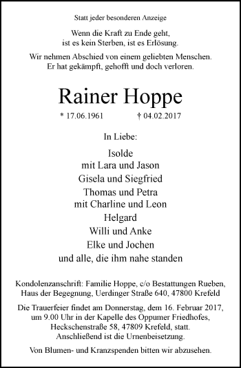 Traueranzeige von Rainer Hoppe von trauer.mein.krefeld.de