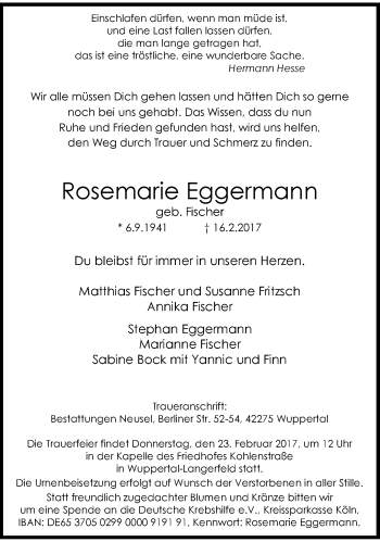 Traueranzeige von Rosemarie Eggermann von trauer.wuppertaler-rundschau.de