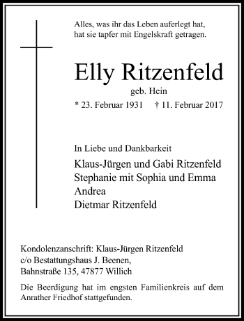 Traueranzeige von Elly Ritzenfled von trauer.extra-tipp-moenchengladbach.de