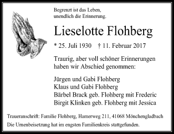 Traueranzeige von Lieselotte Flohberg von trauer.extra-tipp-moenchengladbach.de