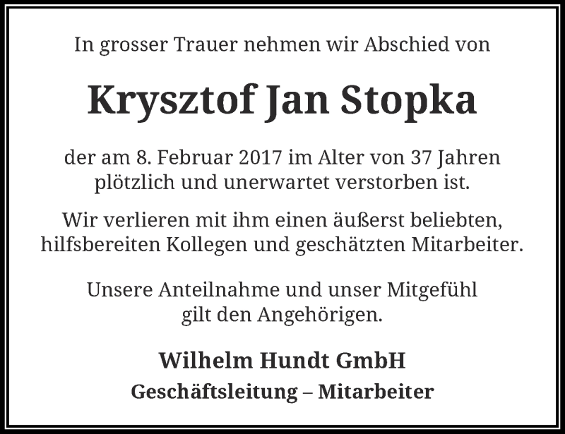  Traueranzeige für Krysztof Jan Stopka vom 18.02.2017 aus trauer.wuppertaler-rundschau.de