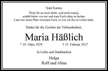 Traueranzeige von Maria Häßlich von trauer.extra-tipp-moenchengladbach.de